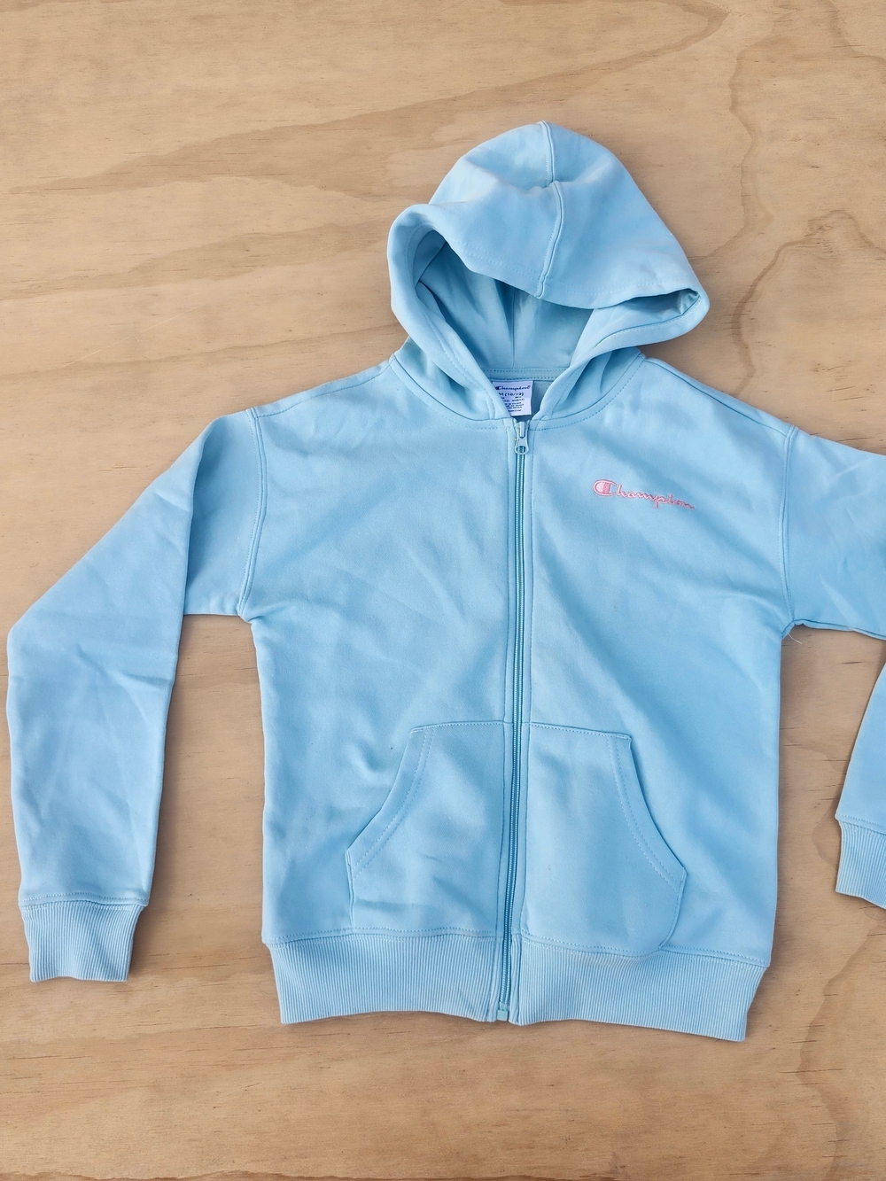Champion Kids Pastel Blue Zip Hoodie with Pink Logo